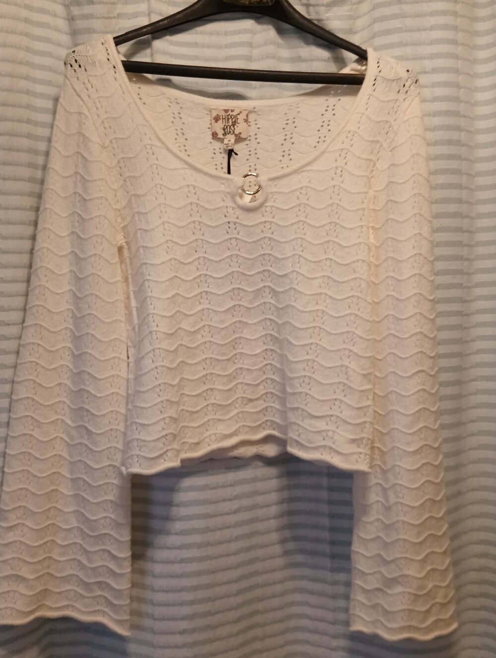 HIPPIE Rose White Knit Scoop Neck Long Bell Sleeve Boho Whimsy Goth Fairy Top
